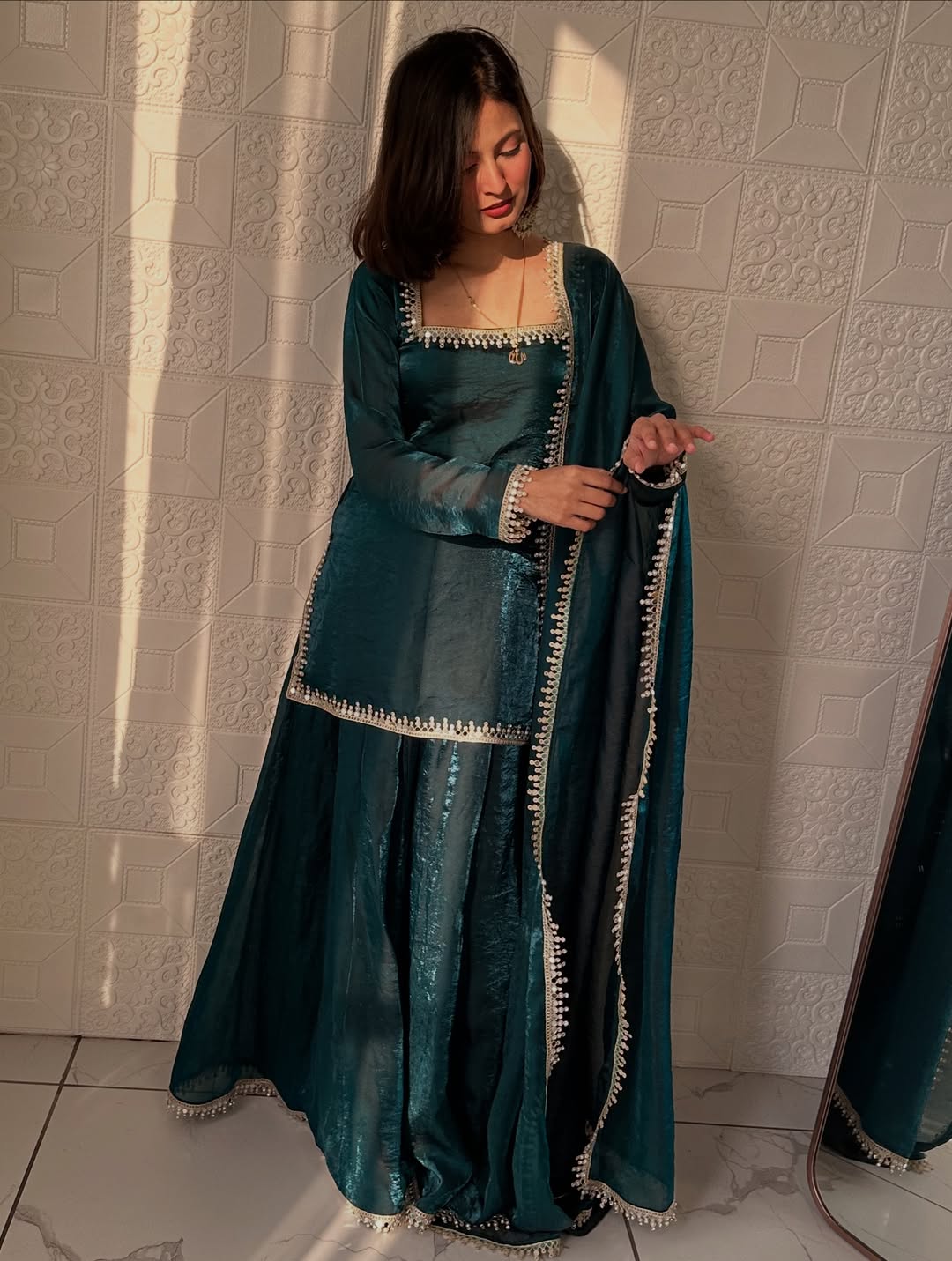 Designer Fandy Silk Kurta Palazzo Set With Dupatta For Wedding, Festive & Party Wear