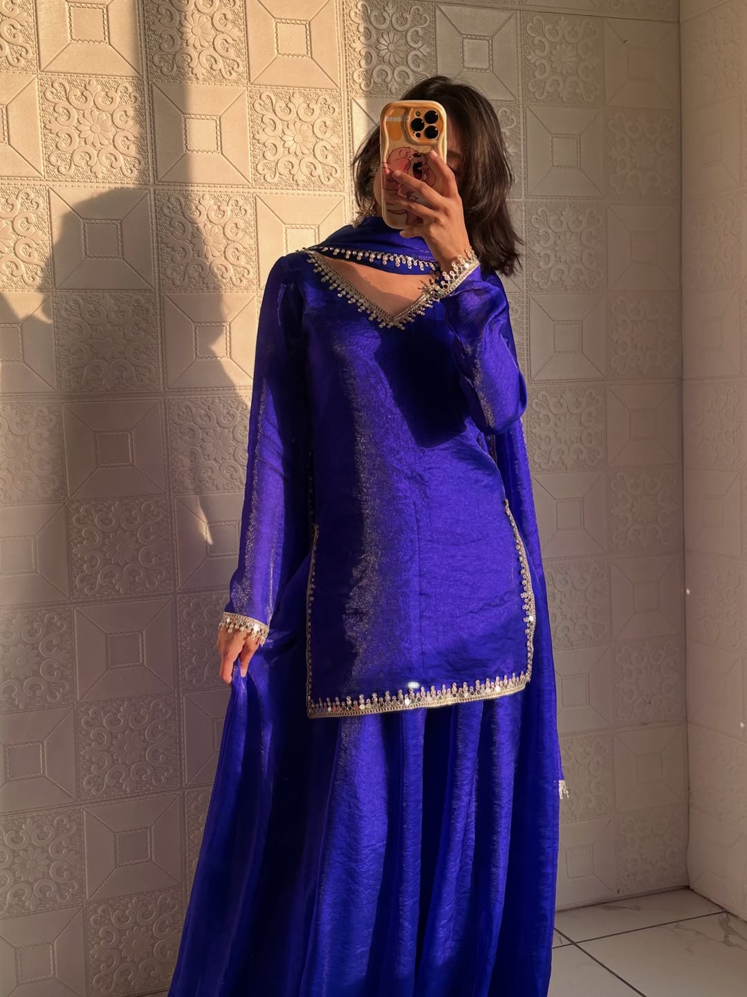 Designer Fandy Silk Kurta Palazzo Set With Dupatta For Wedding, Festive & Party Wear
