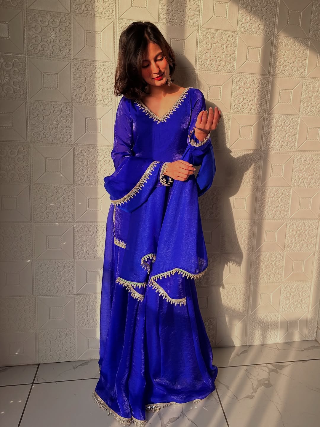 Designer Fandy Silk Kurta Palazzo Set With Dupatta For Wedding, Festive & Party Wear