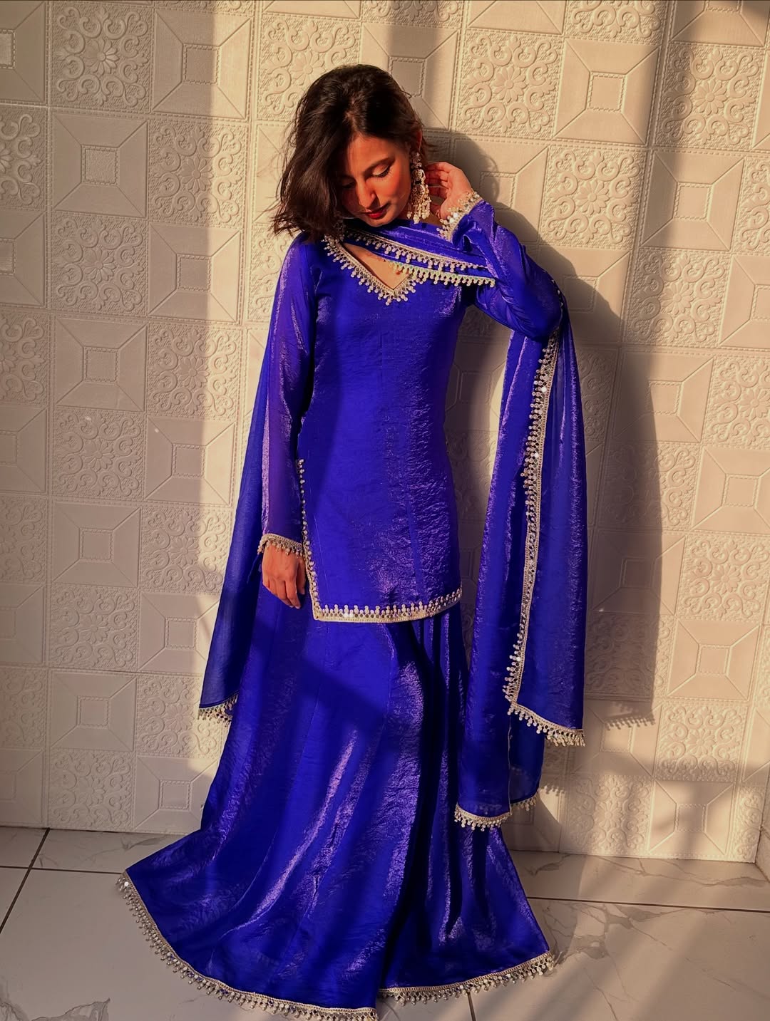 Designer Fandy Silk Kurta Palazzo Set With Dupatta For Wedding, Festive & Party Wear