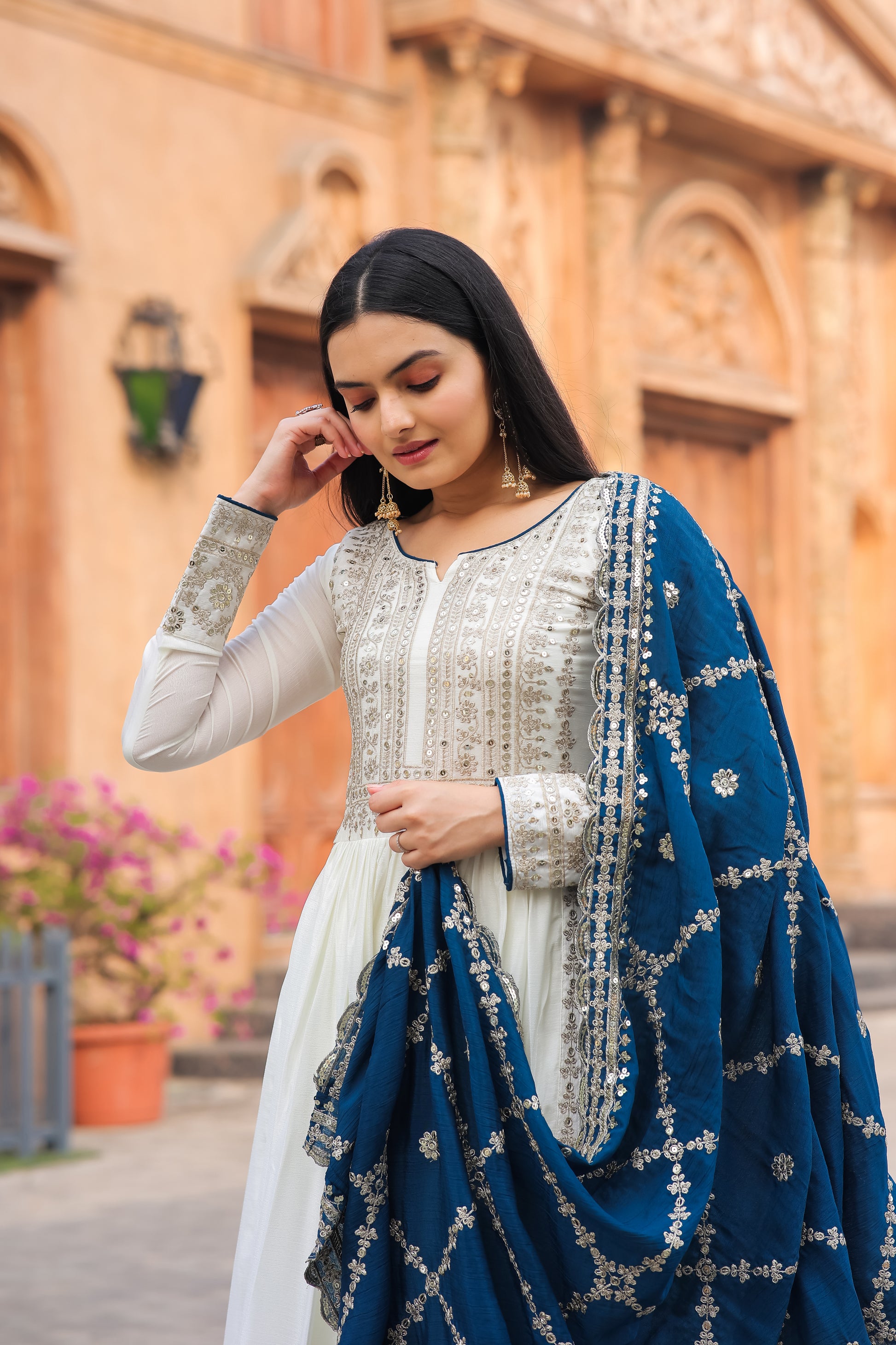 Magnificent Pure Chinon Silk Sequins Embroidered Anarkali Pant Suit - INDIAN ELEGANCE
