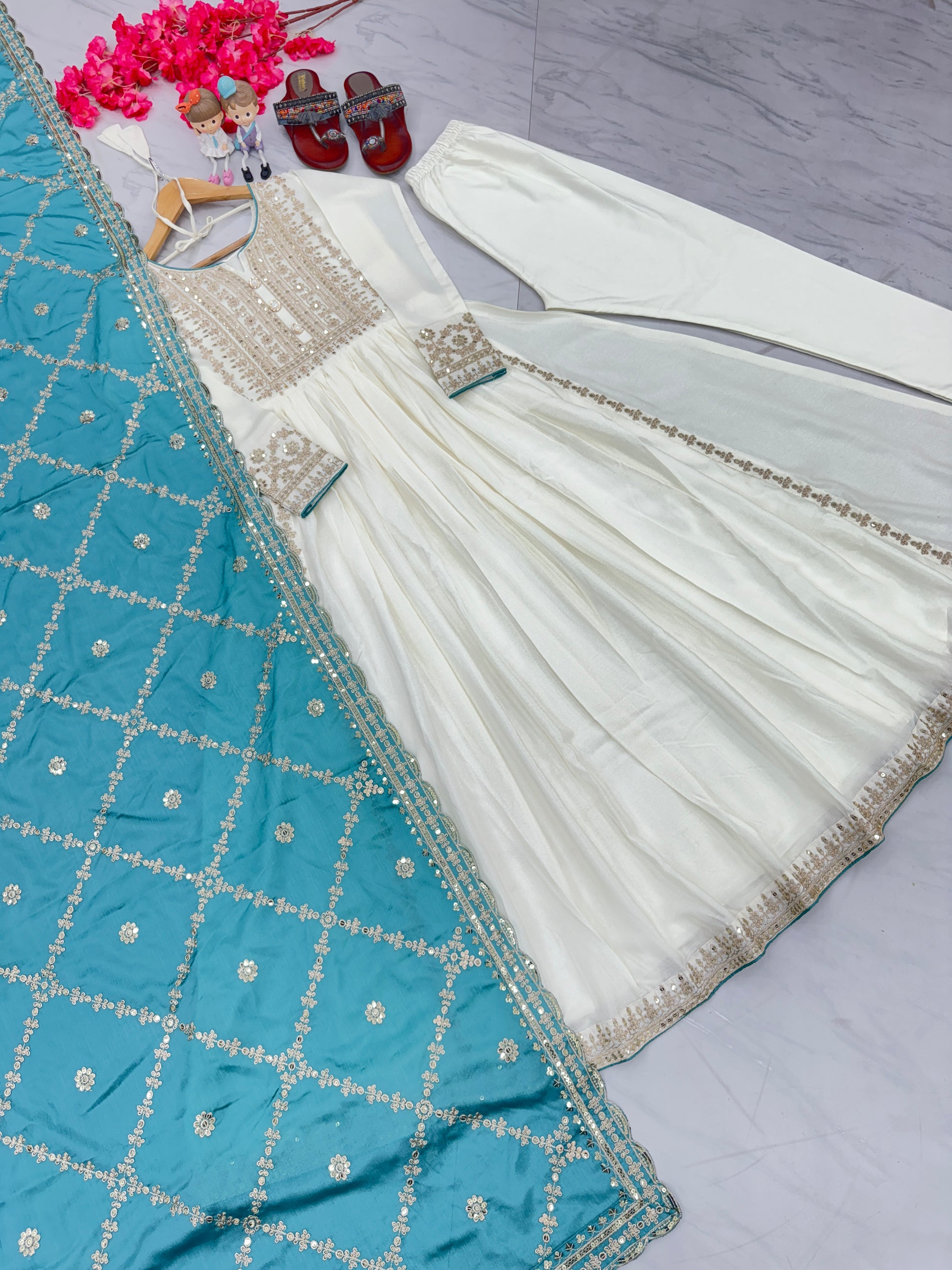 Magnificent Pure Chinon Silk Sequins Embroidered Anarkali Pant Suit - INDIAN ELEGANCE