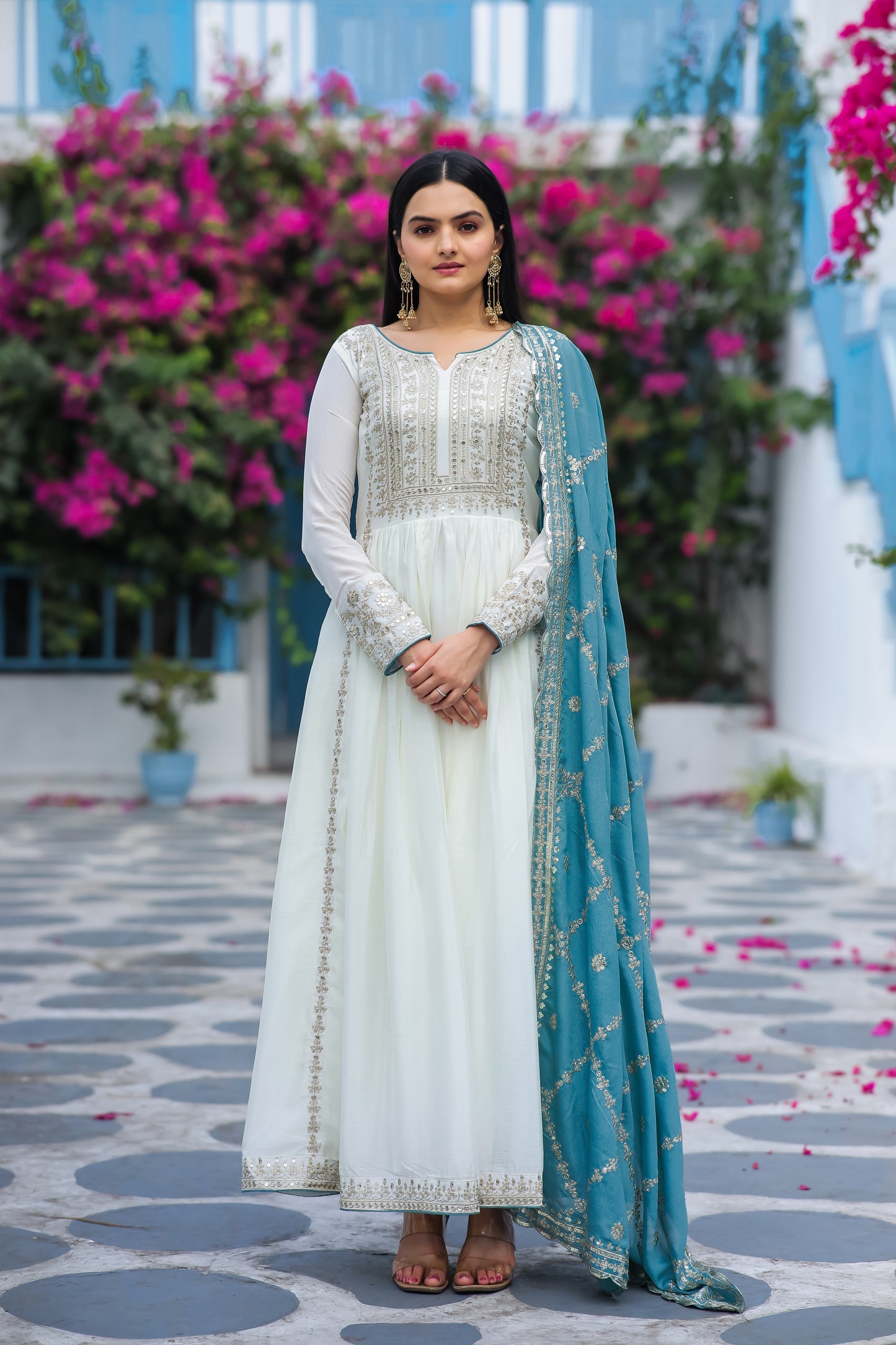 Magnificent Pure Chinon Silk Sequins Embroidered Anarkali Pant Suit - INDIAN ELEGANCE