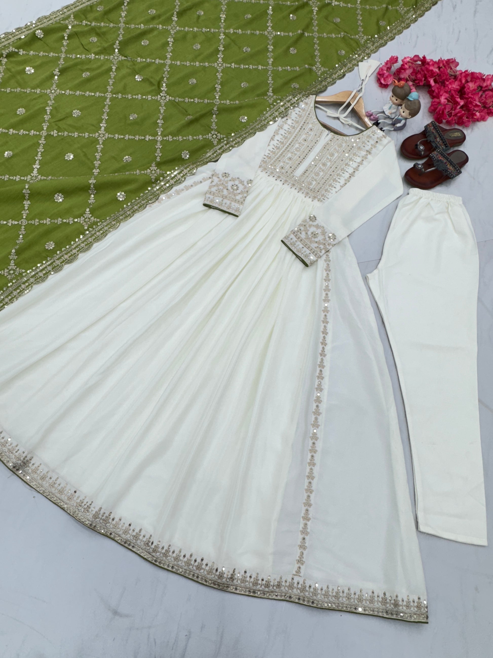 Magnificent Pure Chinon Silk Sequins Embroidered Anarkali Pant Suit - INDIAN ELEGANCE