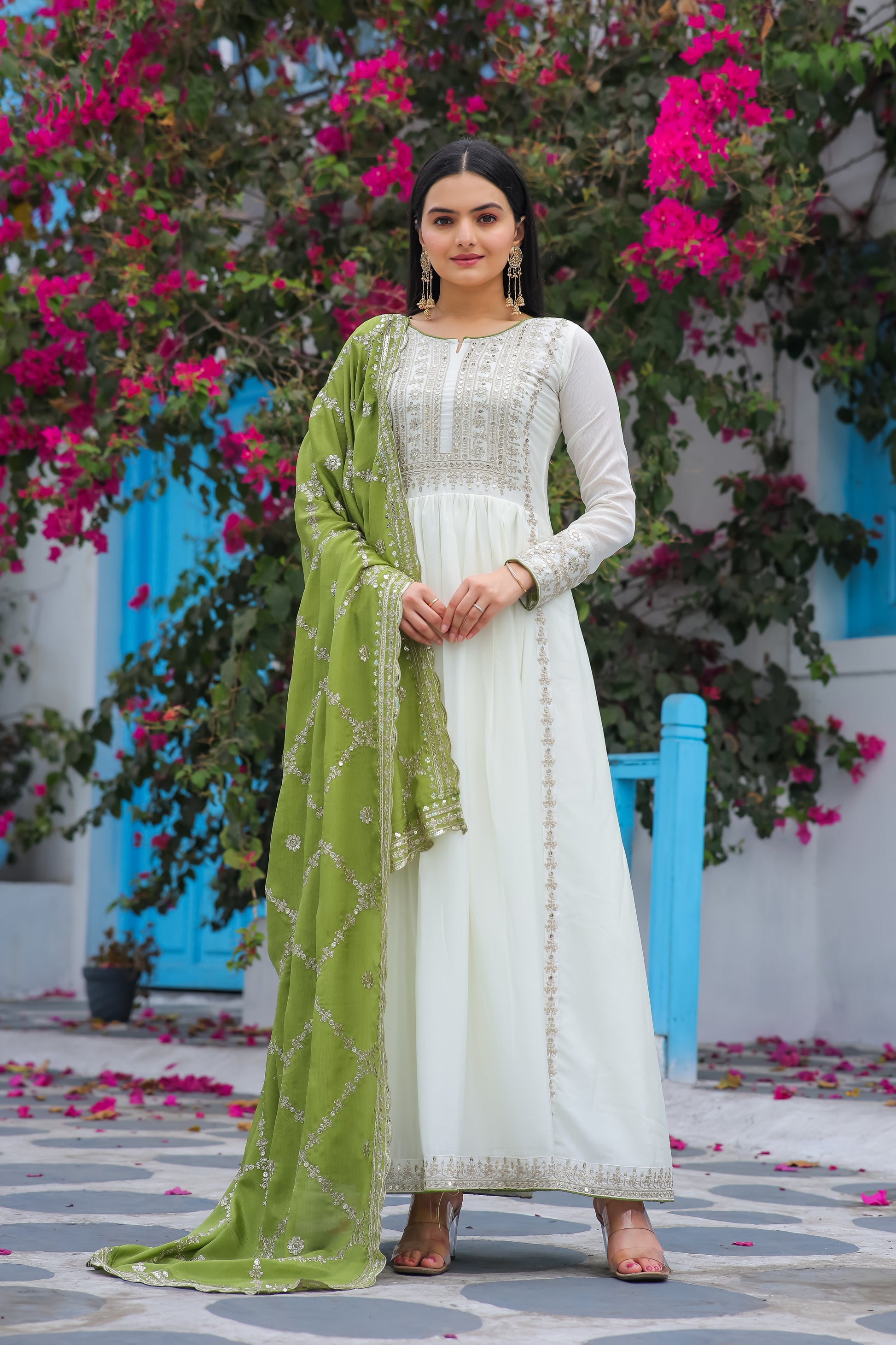 Magnificent Pure Chinon Silk Sequins Embroidered Anarkali Pant Suit - INDIAN ELEGANCE