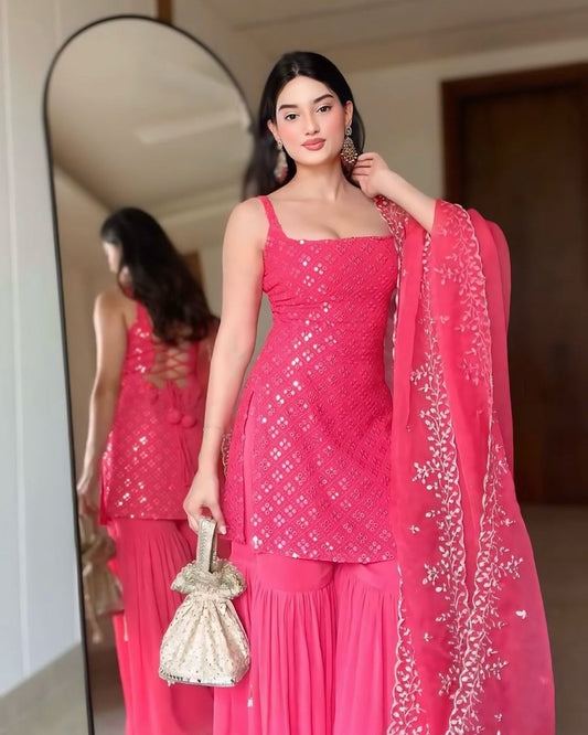 Party Wear Rani Pink Sharara Suit with Embroidered Kurta Set For Women