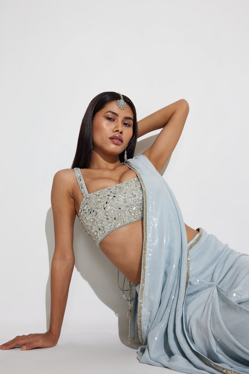 Modern Party Wear Icy Blue Ready-to-Wear Sequin Saree