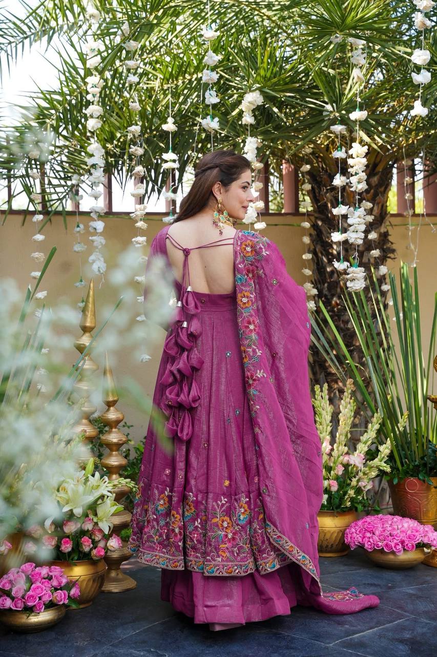 Festive Wear Soft Crunchy Silk Embroidered Gown Sharara Set with Dupatta