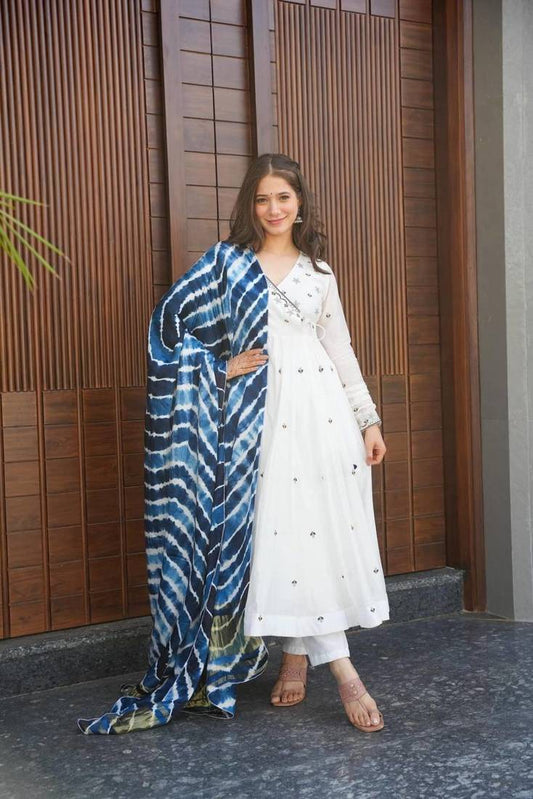 Elegant Off-White Georgette Anarkali Kurti Set – Embroidery & Leheriya Dupatta