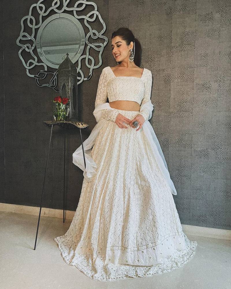 Party Wear White Georgette Sequins Embroidered Lehenga Choli Set