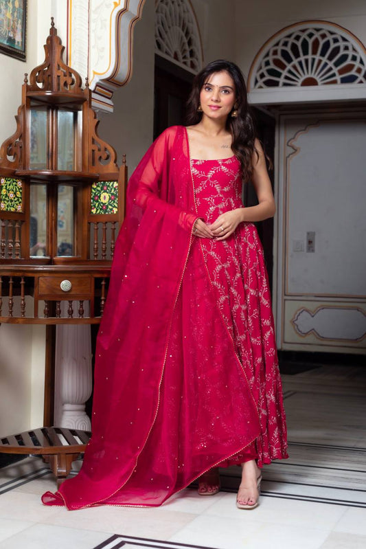 Rani Pink Faux Georgette Anarkali Sharara Set with Sequin & Thread Embroidery.