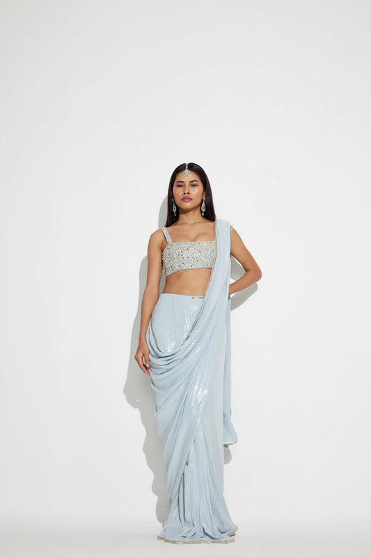 Modern Party Wear Icy Blue Ready-to-Wear Sequin Saree