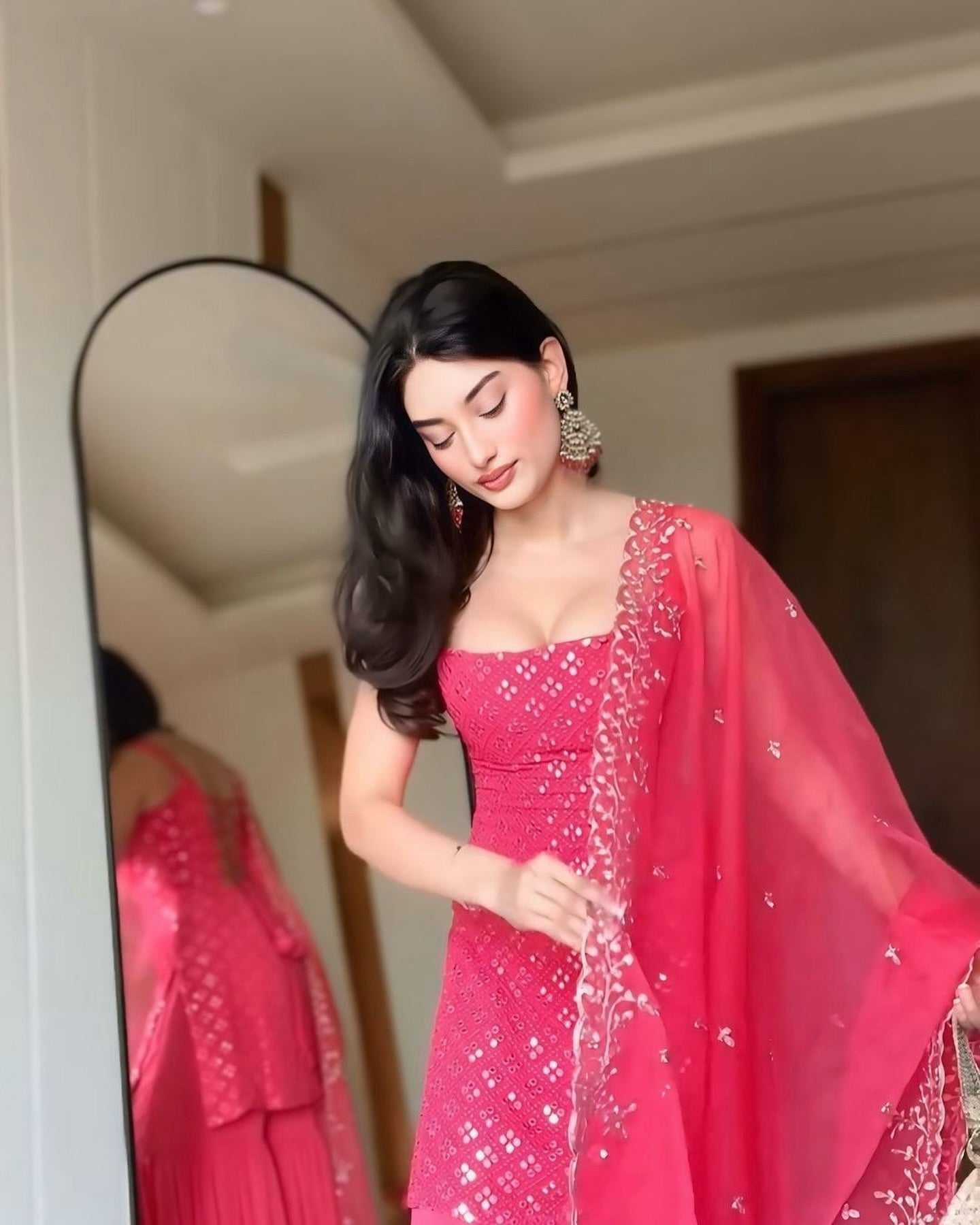 Party Wear Rani Pink Sharara Suit with Embroidered Kurta Set For Women