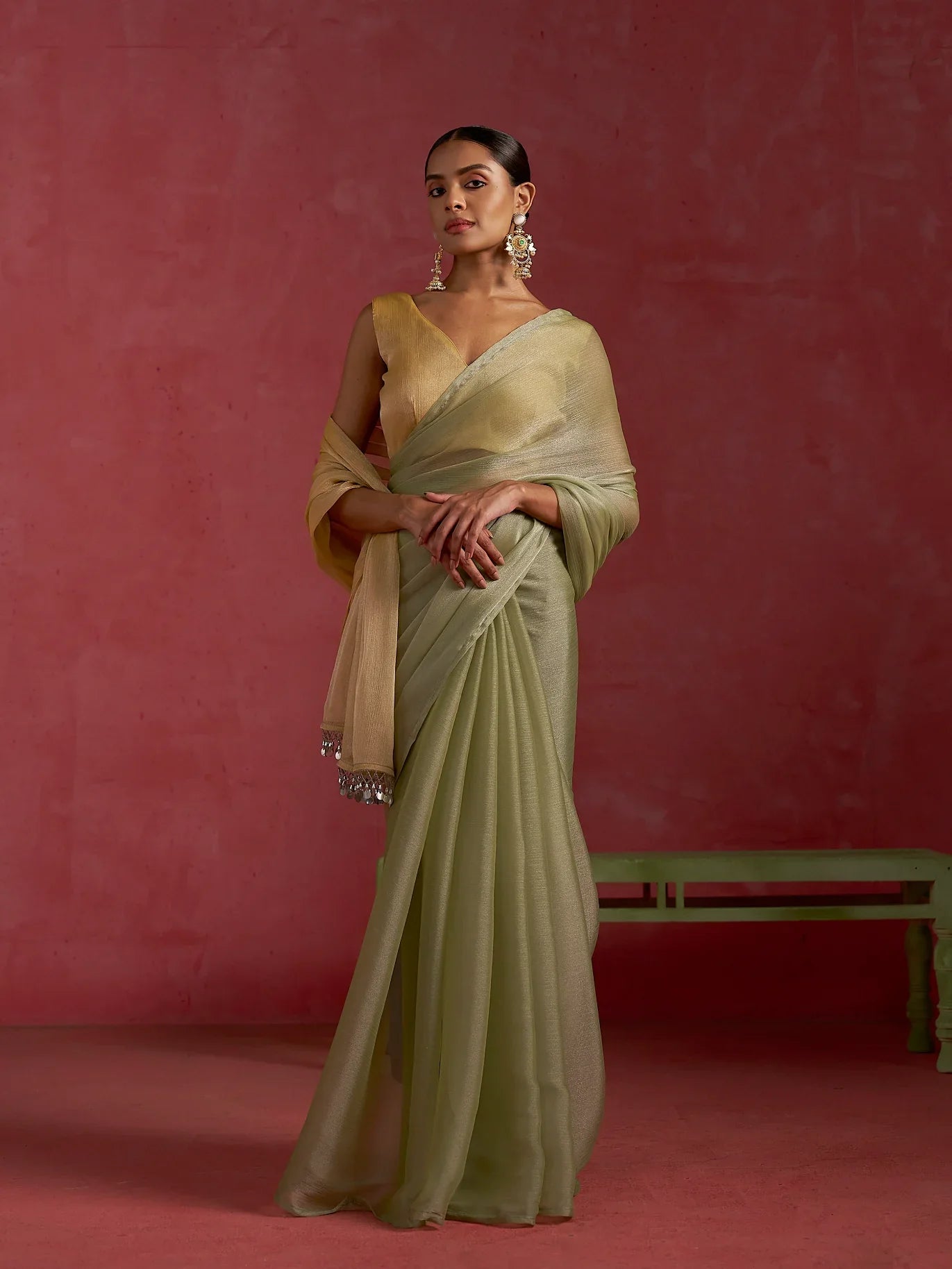 Partywear designer pista yellow chiffon saree for woman