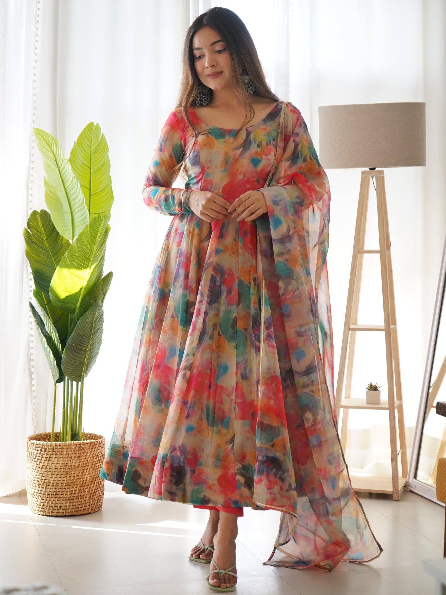 Elegant Soft Organza Silk Floral Designer Anarkali Pant Suit - INDIAN ELEGANCE