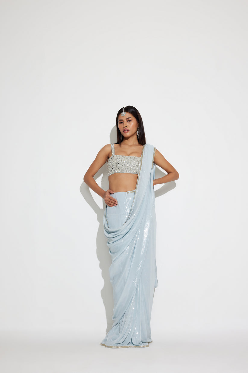Modern Party Wear Icy Blue Ready-to-Wear Sequin Saree