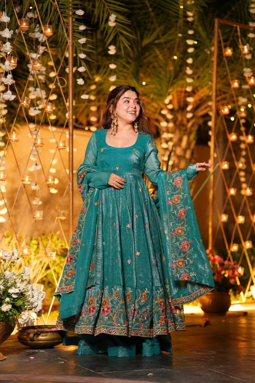 Festive Wear Soft Crunchy Silk Embroidered Gown Sharara Set with Dupatta