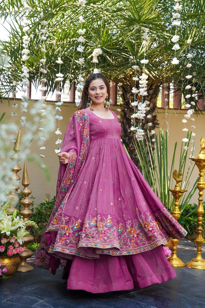 Festive Wear Soft Crunchy Silk Embroidered Gown Sharara Set with Dupatta