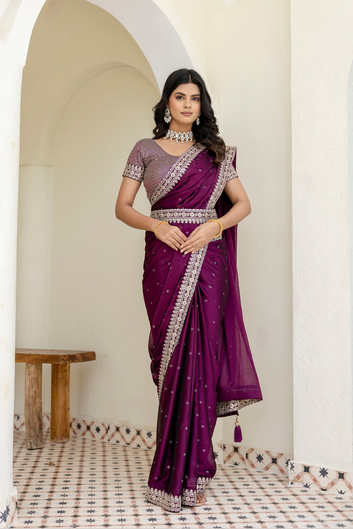 Luxury Wine Kasturi Silk Saree with Heavy Zari & Sequin Embroidery.