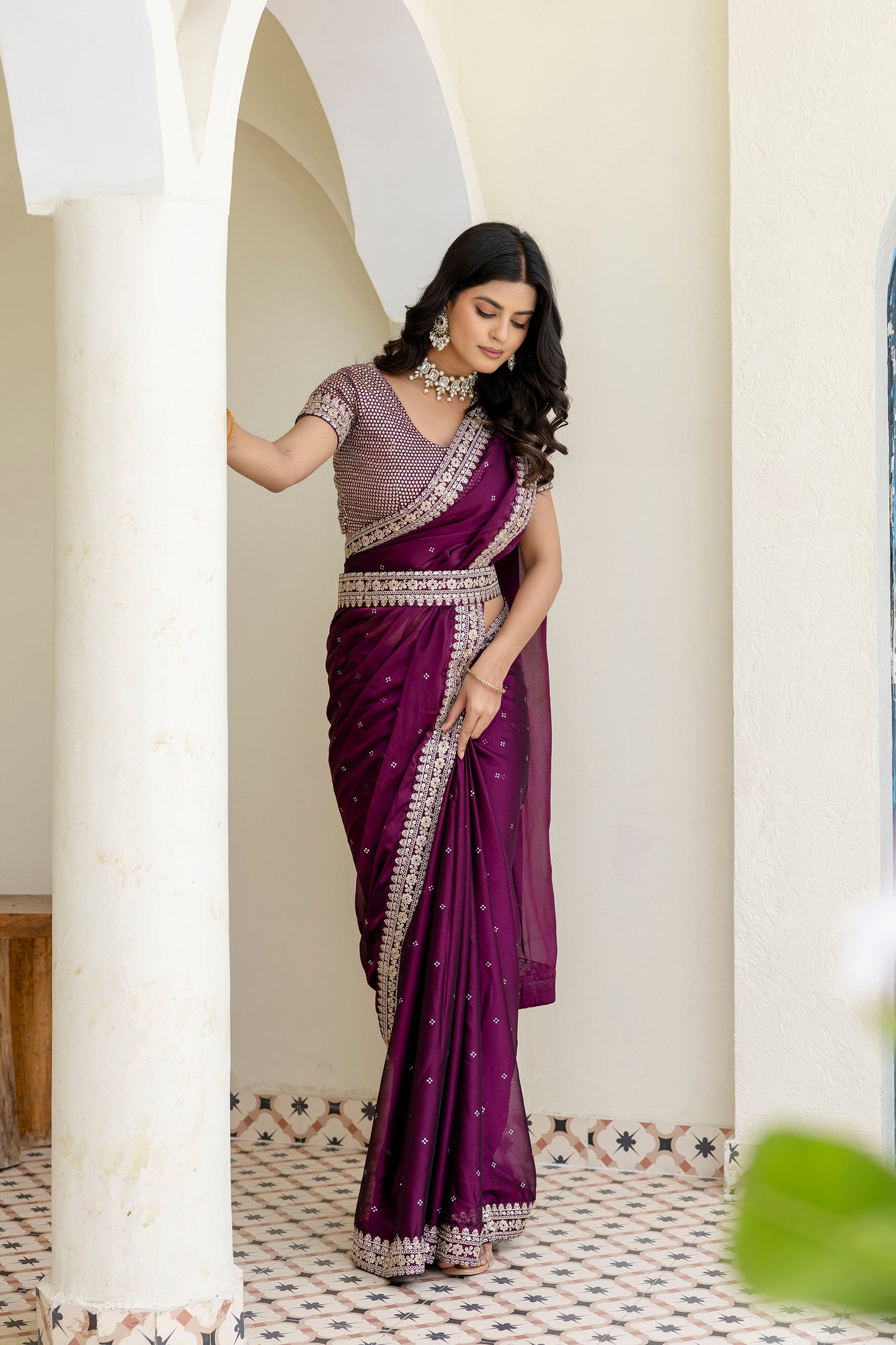 Luxury Wine Kasturi Silk Saree with Heavy Zari & Sequin Embroidery.