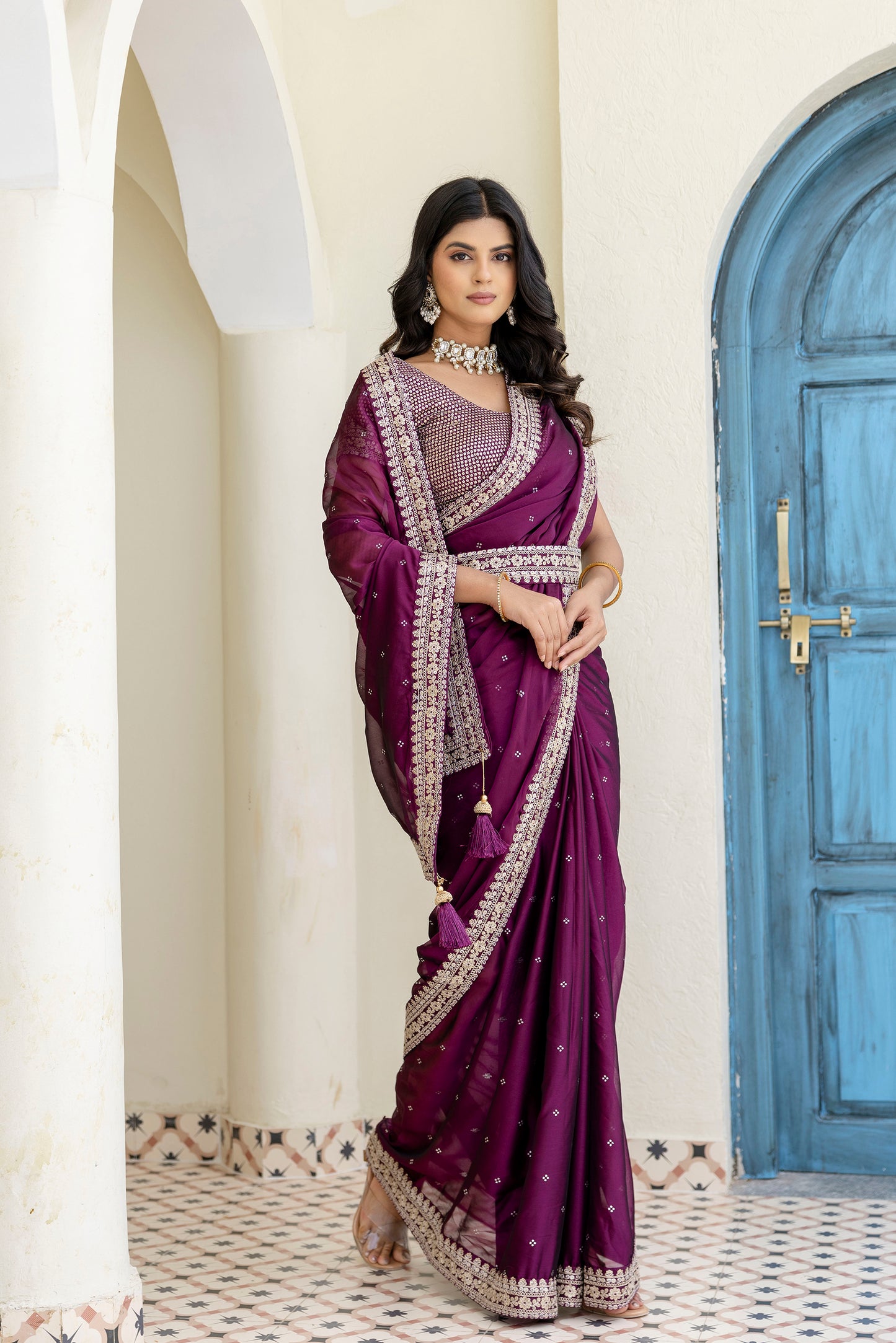 Luxury Wine Kasturi Silk Saree with Heavy Zari & Sequin Embroidery.