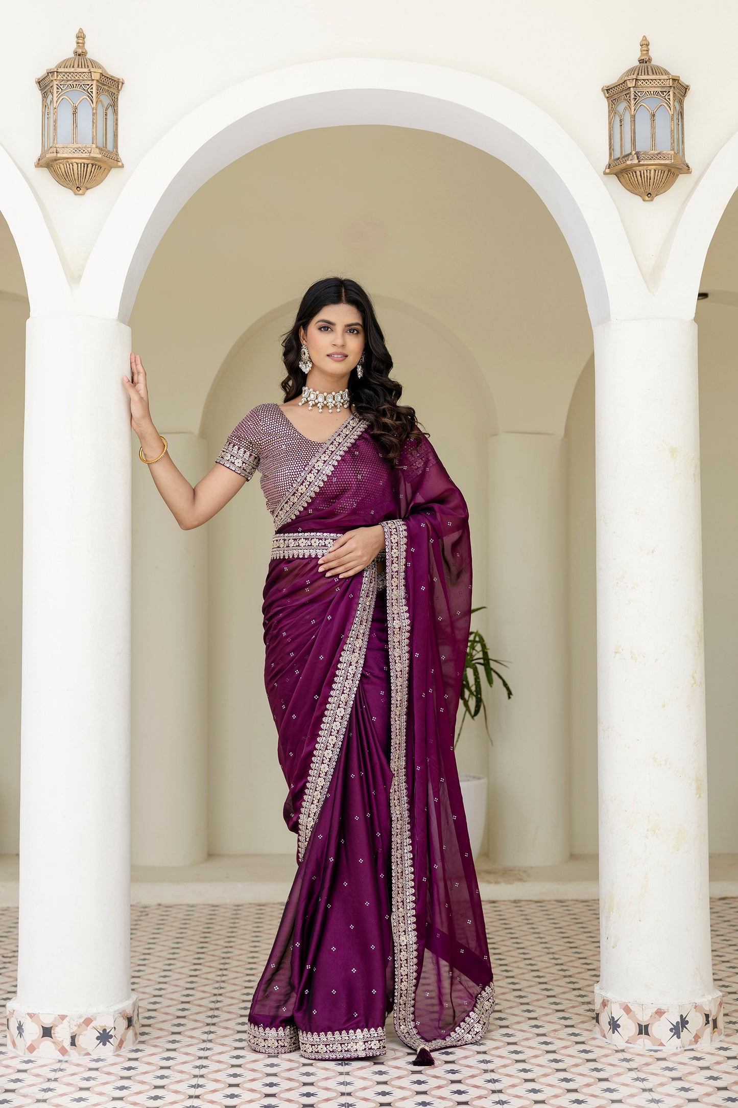 Luxury Wine Kasturi Silk Saree with Heavy Zari & Sequin Embroidery.
