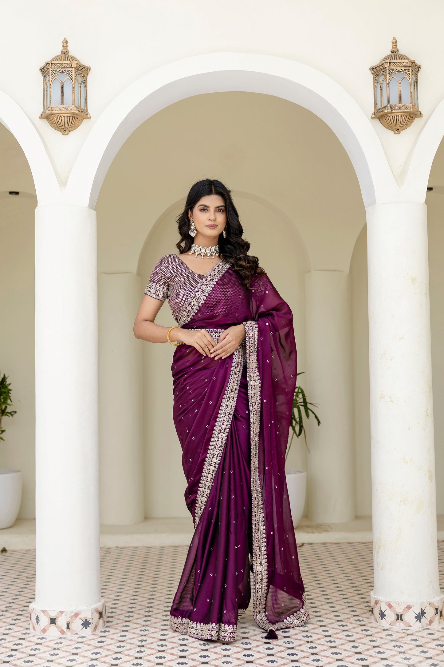 Luxury Wine Kasturi Silk Saree with Heavy Zari & Sequin Embroidery.
