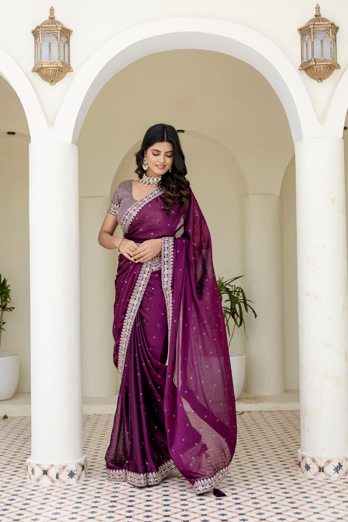 Luxury Wine Kasturi Silk Saree with Heavy Zari & Sequin Embroidery.