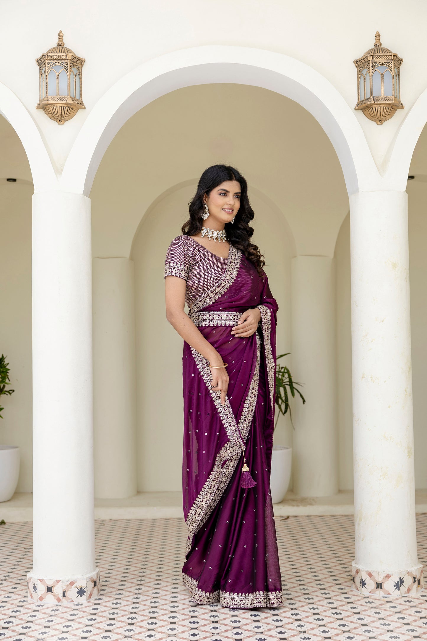 Luxury Wine Kasturi Silk Saree with Heavy Zari & Sequin Embroidery.