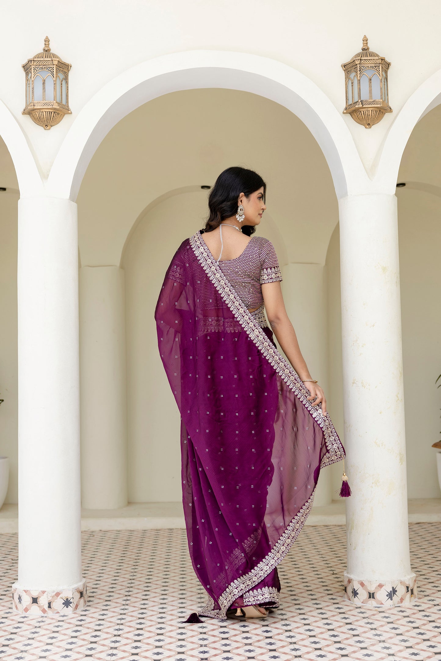 Luxury Wine Kasturi Silk Saree with Heavy Zari & Sequin Embroidery.