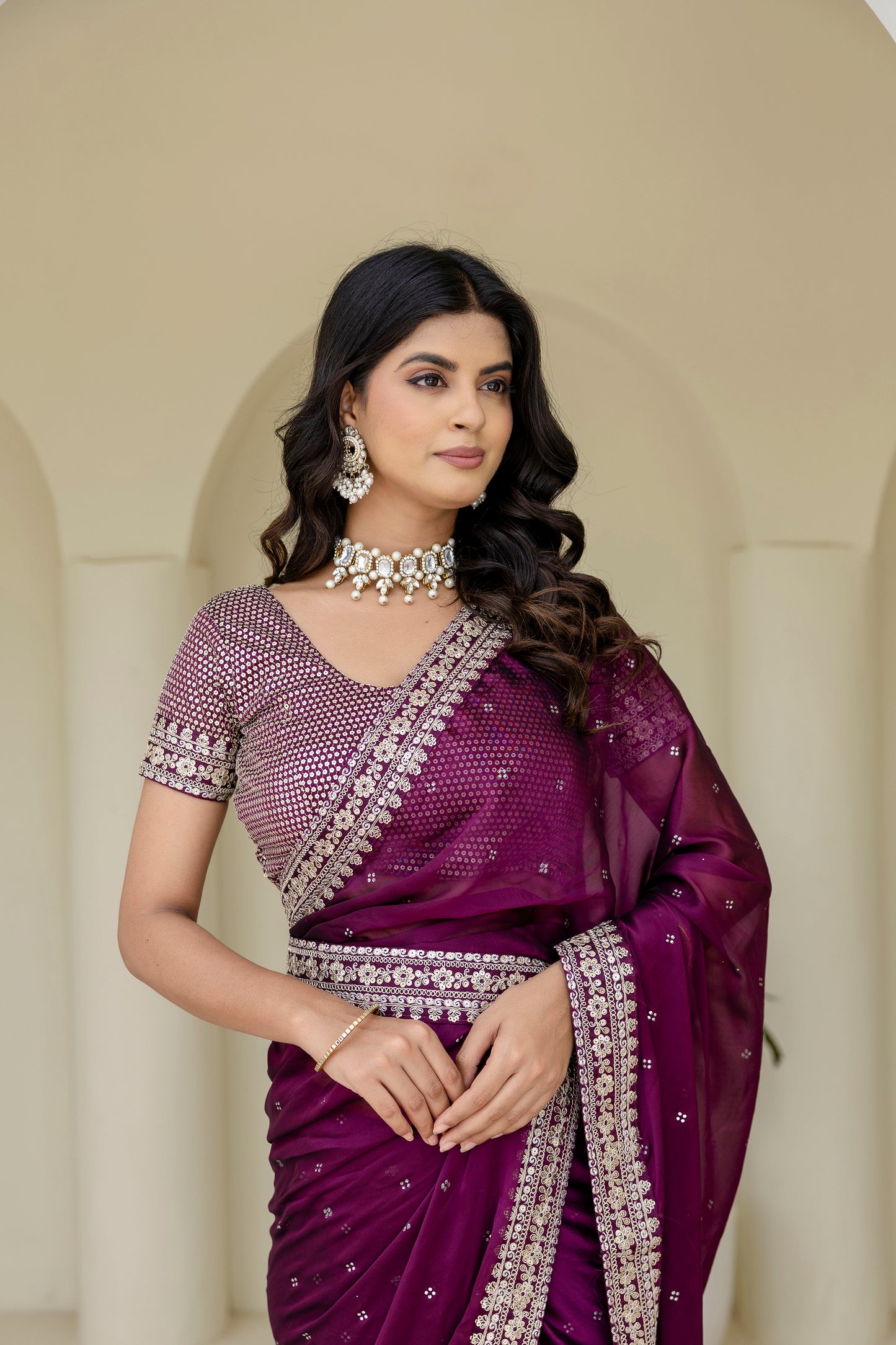 Luxury Wine Kasturi Silk Saree with Heavy Zari & Sequin Embroidery.