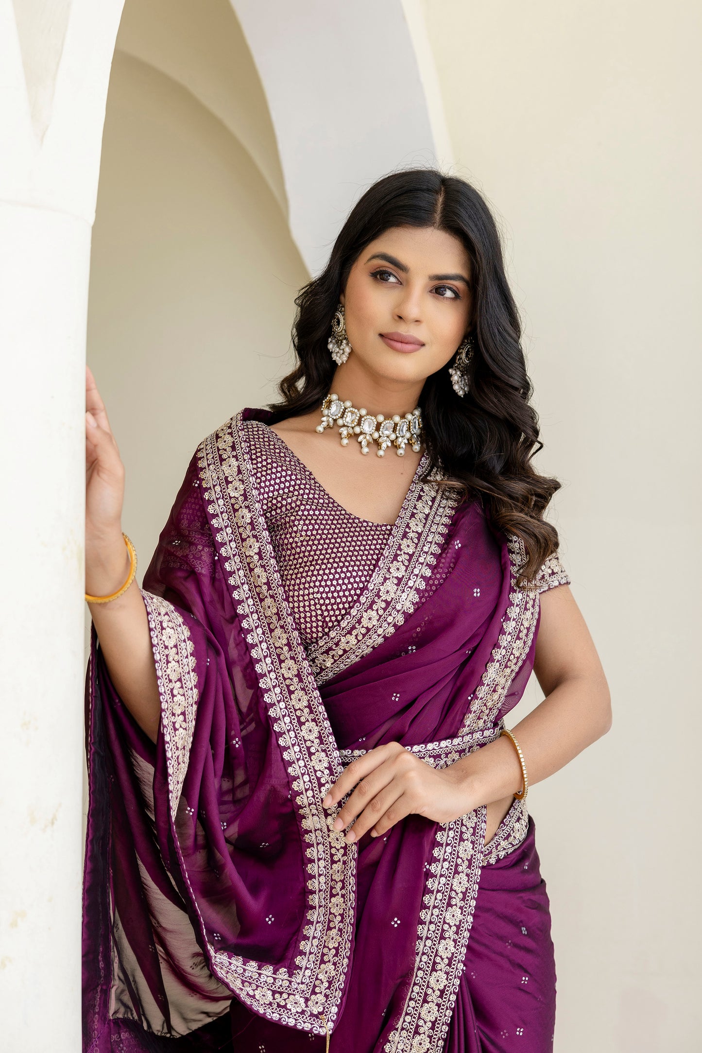 Luxury Wine Kasturi Silk Saree with Heavy Zari & Sequin Embroidery.