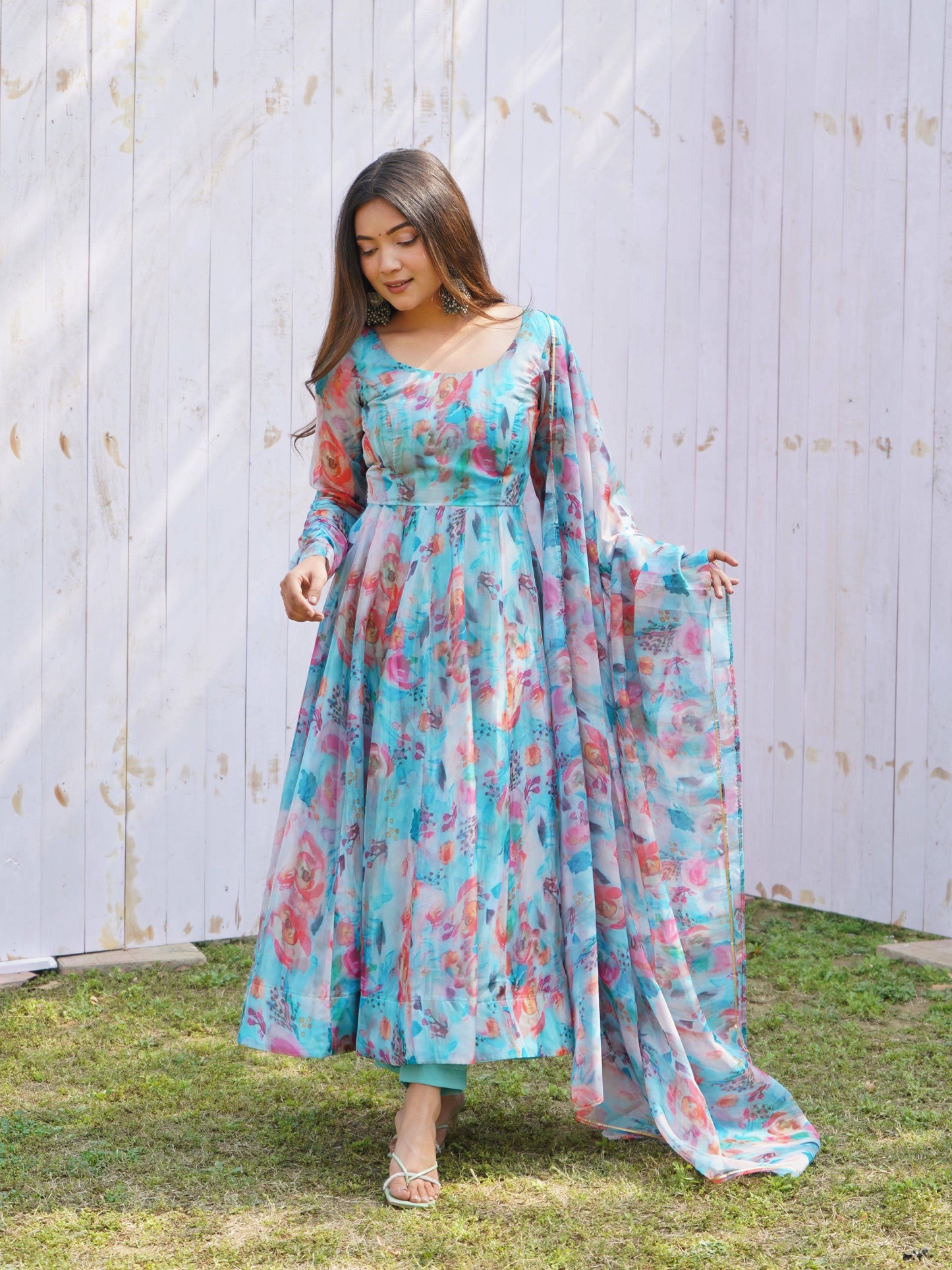 Elegant Soft Organza Silk Floral Designer Anarkali Pant Suit - INDIAN ELEGANCE