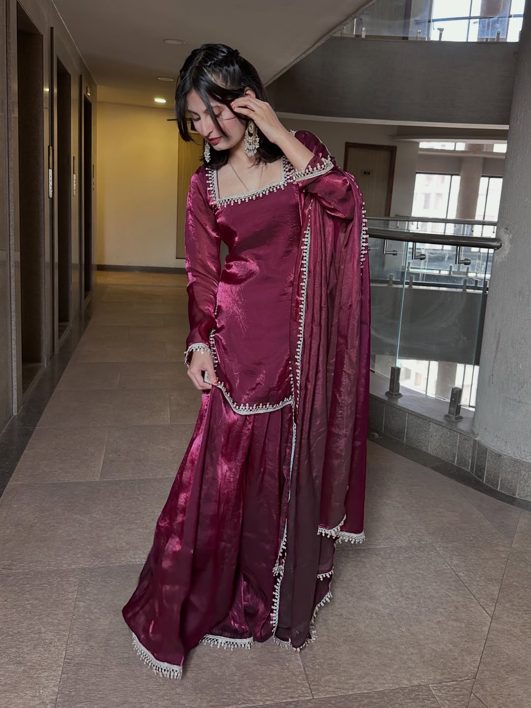 Designer Fandy Silk Kurta Palazzo Set With Dupatta For Wedding, Festive & Party Wear