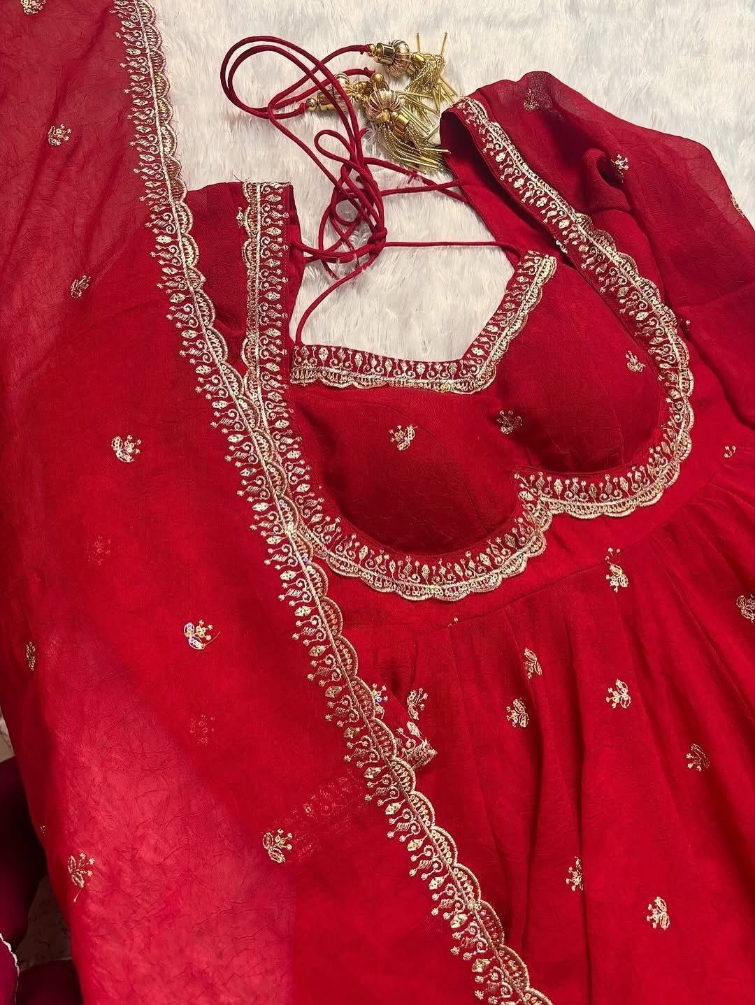 Red Chilli Slit Anarkali Premium Suit Set | Festive & Party Wear