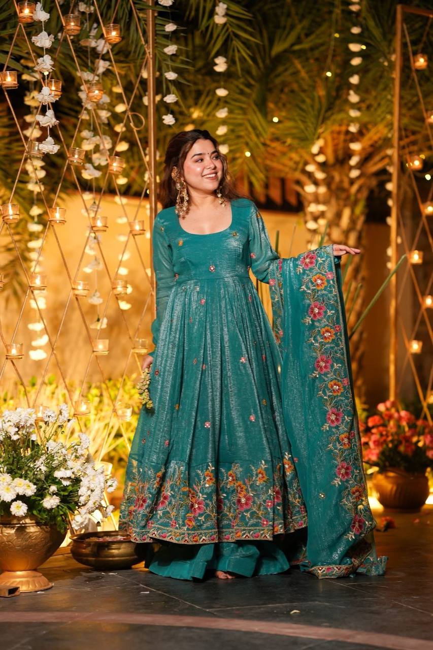 Festive Wear Soft Crunchy Silk Embroidered Gown Sharara Set with Dupatta