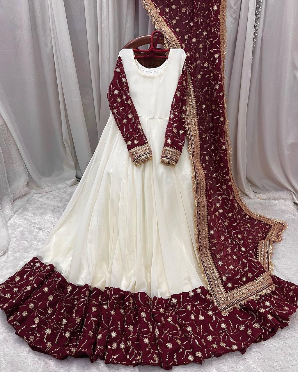 Exquisite White Chinon Silk Thread Sequins Worked Suit With Dupatta