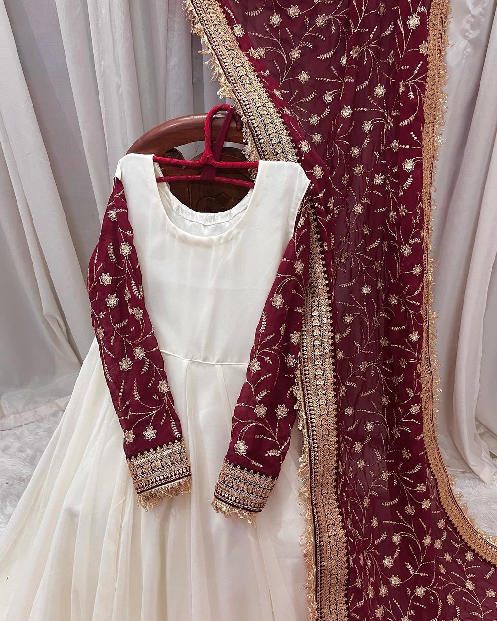 Exquisite White Chinon Silk Thread Sequins Worked Suit With Dupatta