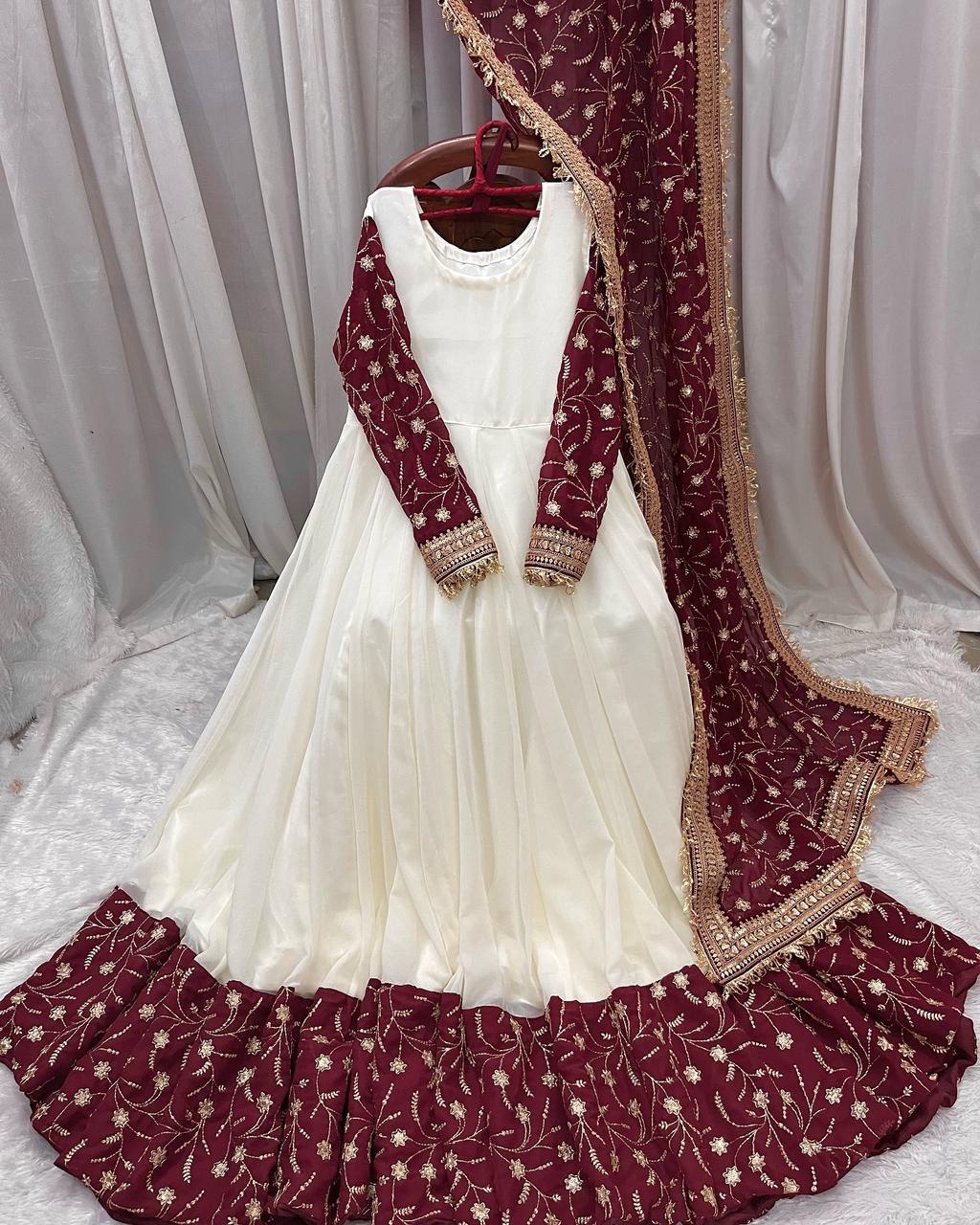 Exquisite White Chinon Silk Thread Sequins Worked Suit With Dupatta