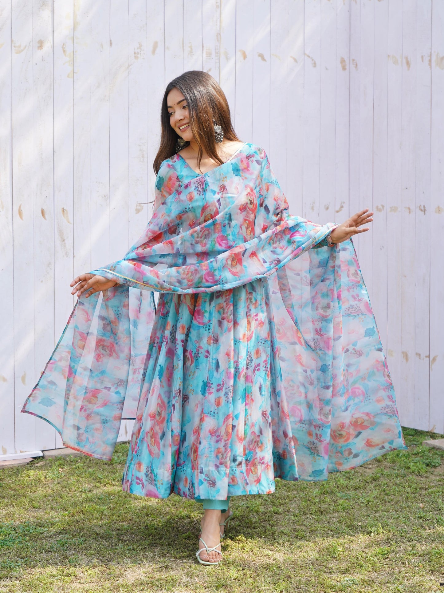 Elegant Soft Organza Silk Floral Designer Anarkali Pant Suit - INDIAN ELEGANCE