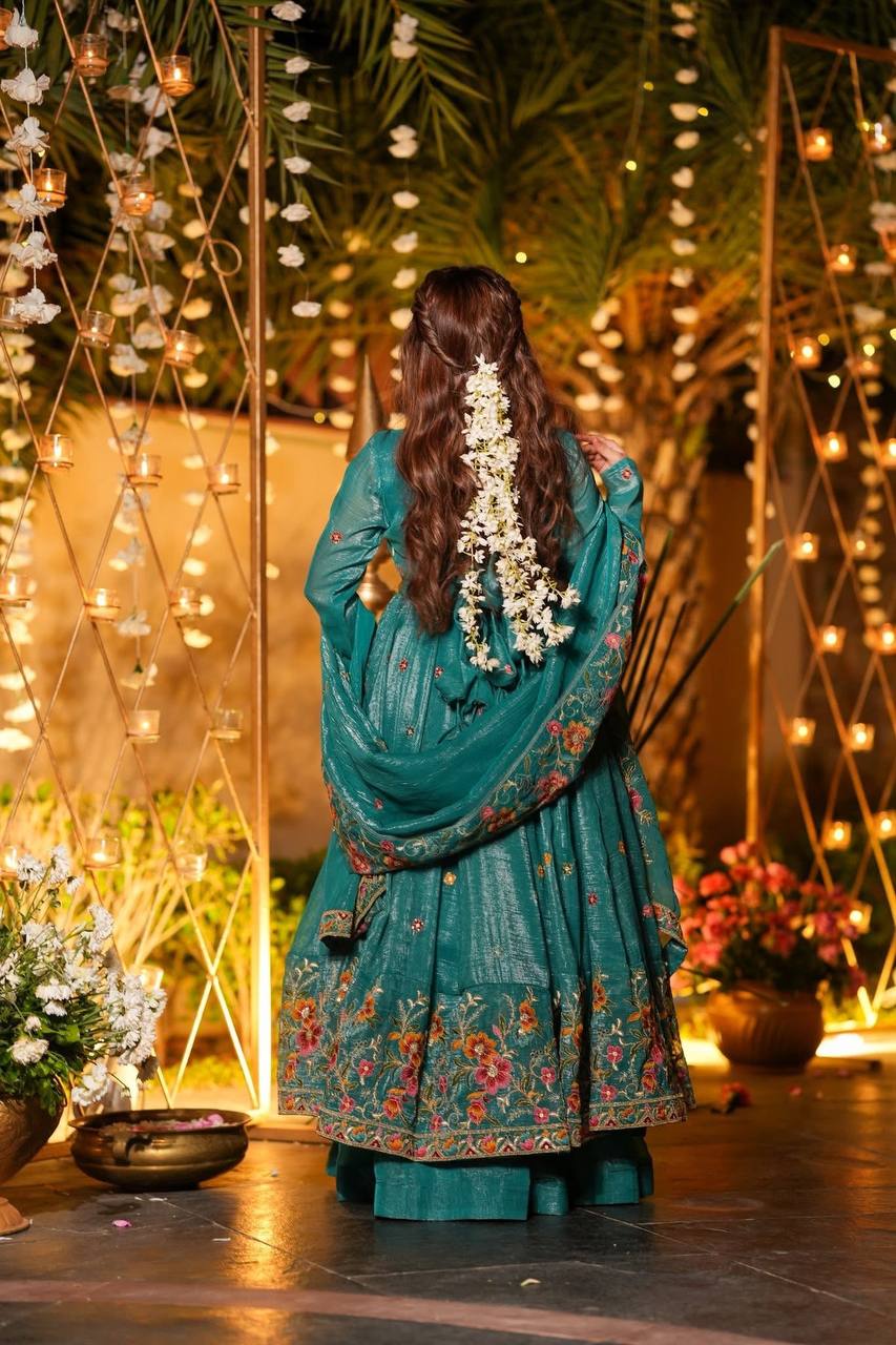 Festive Wear Soft Crunchy Silk Embroidered Gown Sharara Set with Dupatta
