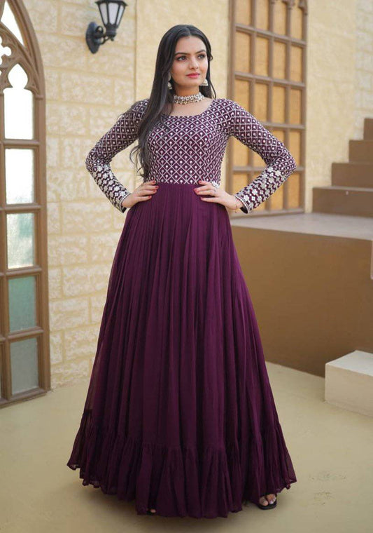Stunning Wine Faux Georgette Sequins Zari Worked Designer Gown - INDIAN ELEGANCE
