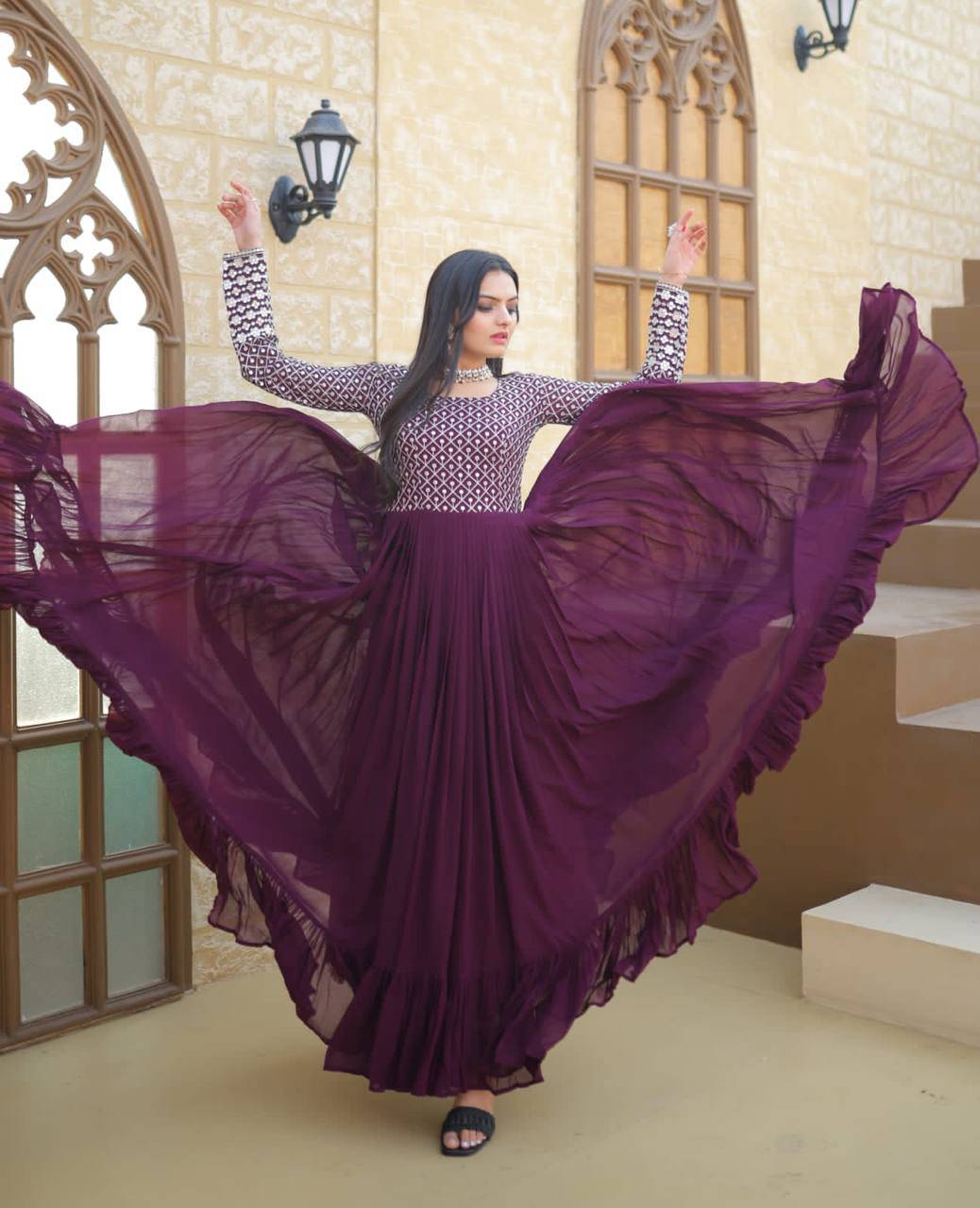 Stunning Wine Faux Georgette Sequins Zari Worked Designer Gown - INDIAN ELEGANCE
