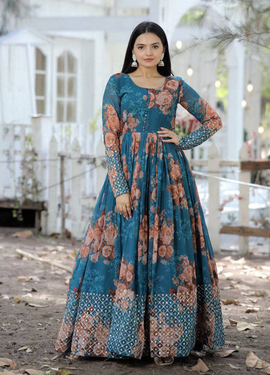 Timeless Floral Digital Printed Faux Georgette Designer Gown - INDIAN ELEGANCE