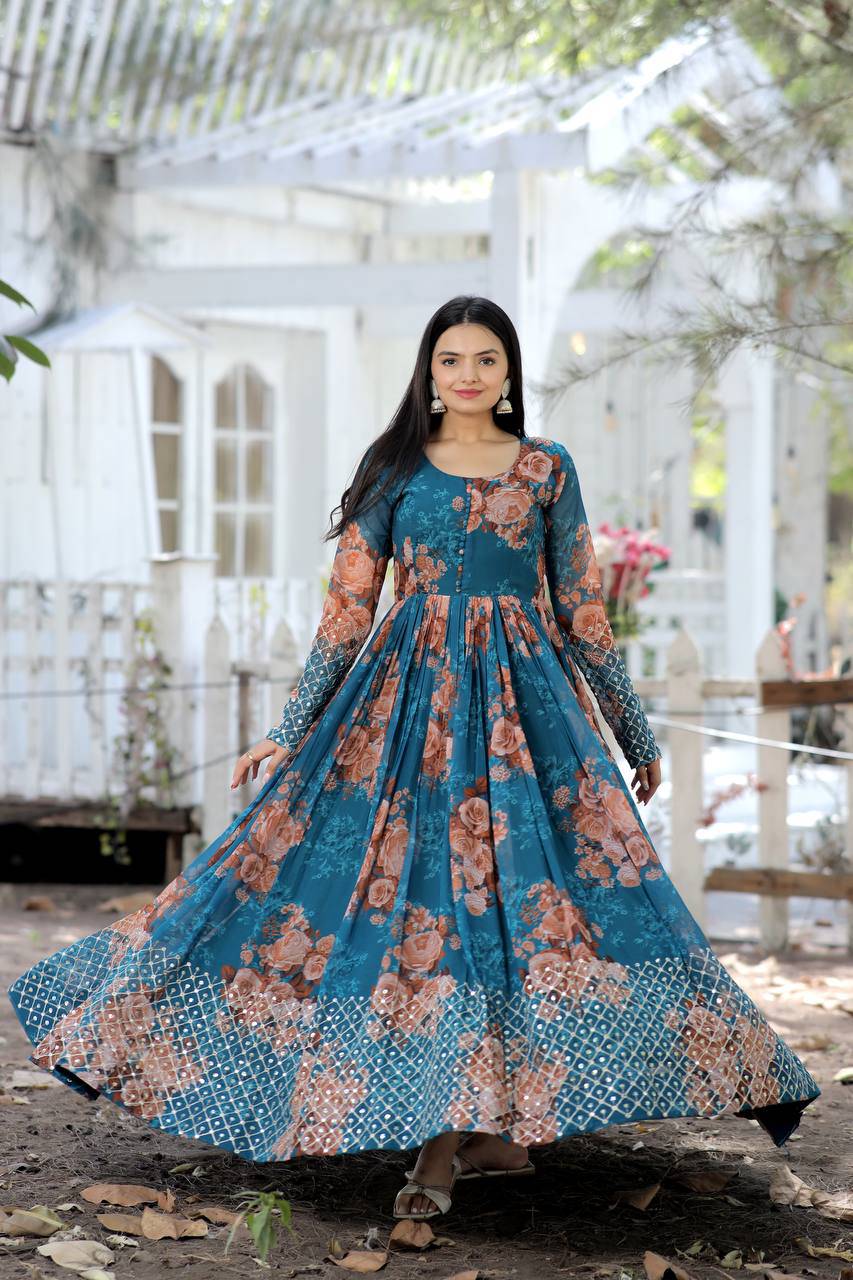 Timeless Floral Digital Printed Faux Georgette Designer Gown - INDIAN ELEGANCE