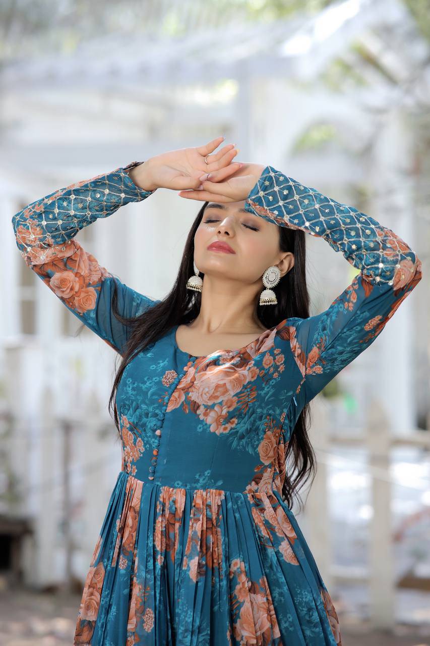 Timeless Floral Digital Printed Faux Georgette Designer Gown - INDIAN ELEGANCE