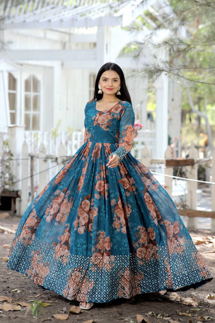 Timeless Floral Digital Printed Faux Georgette Designer Gown - INDIAN ELEGANCE
