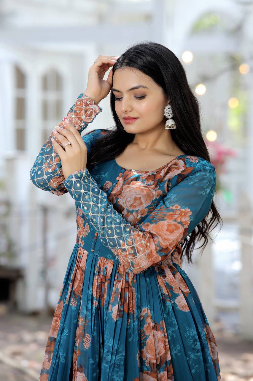 Timeless Floral Digital Printed Faux Georgette Designer Gown - INDIAN ELEGANCE