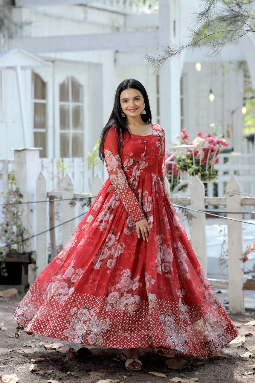 Timeless Floral Digital Printed Faux Georgette Designer Gown - INDIAN ELEGANCE