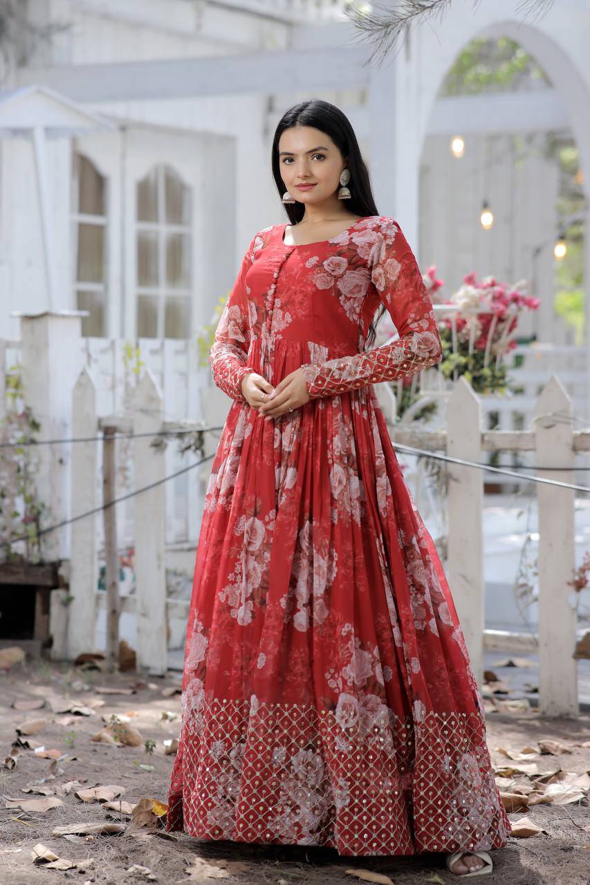 Timeless Floral Digital Printed Faux Georgette Designer Gown - INDIAN ELEGANCE